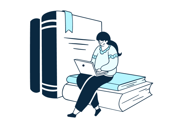 An illustrated Outsourced publisher seated on oversized books while using their laptop.